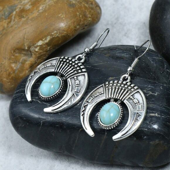Ethnic Style Alloy Turquoise Drop Earrings Boho Silver Round Retro Moon Oval - Picture 1 of 5